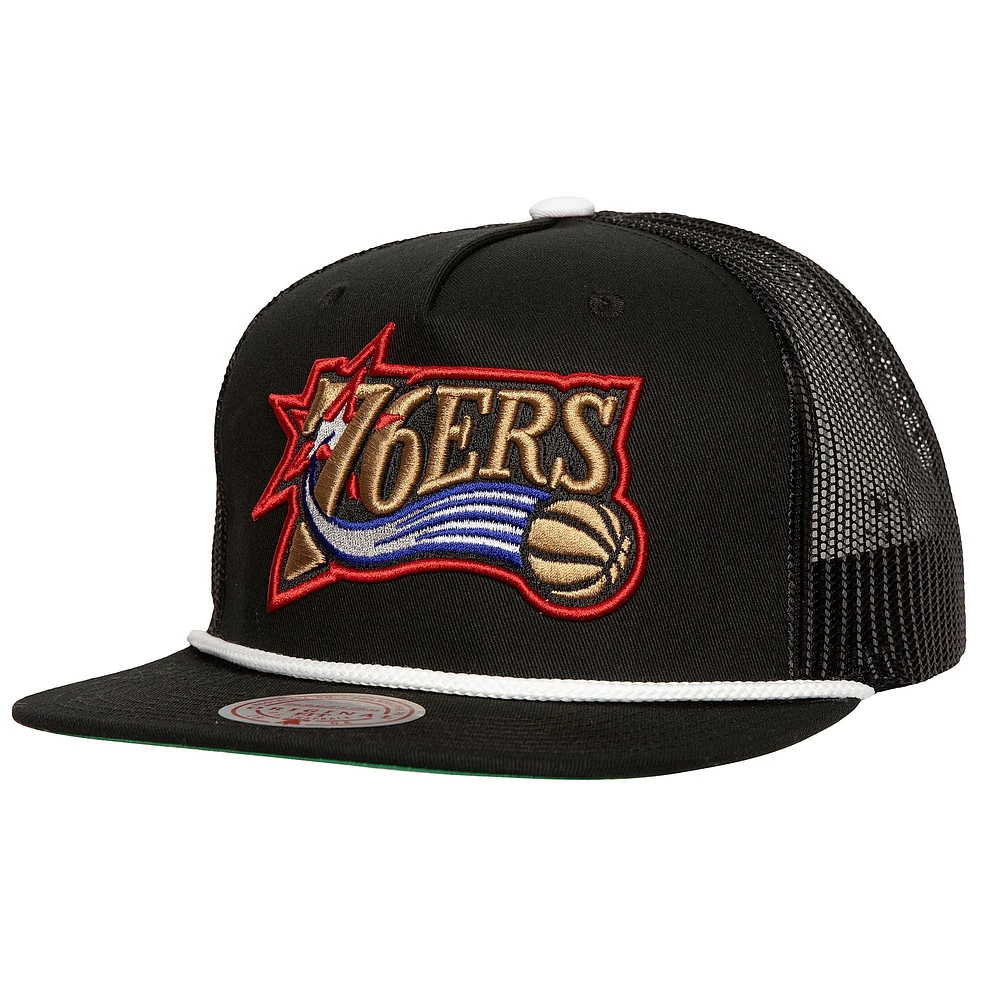 Men's Mitchell & Ness Black Philadelphia 76ers Roper Meshback Trucker Snapback Hat