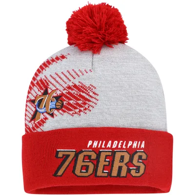 Philadelphia 76ers Mitchell & Ness Hardwood Classics Draft Cuffed Knit Hat with Pom - Gray/Red
