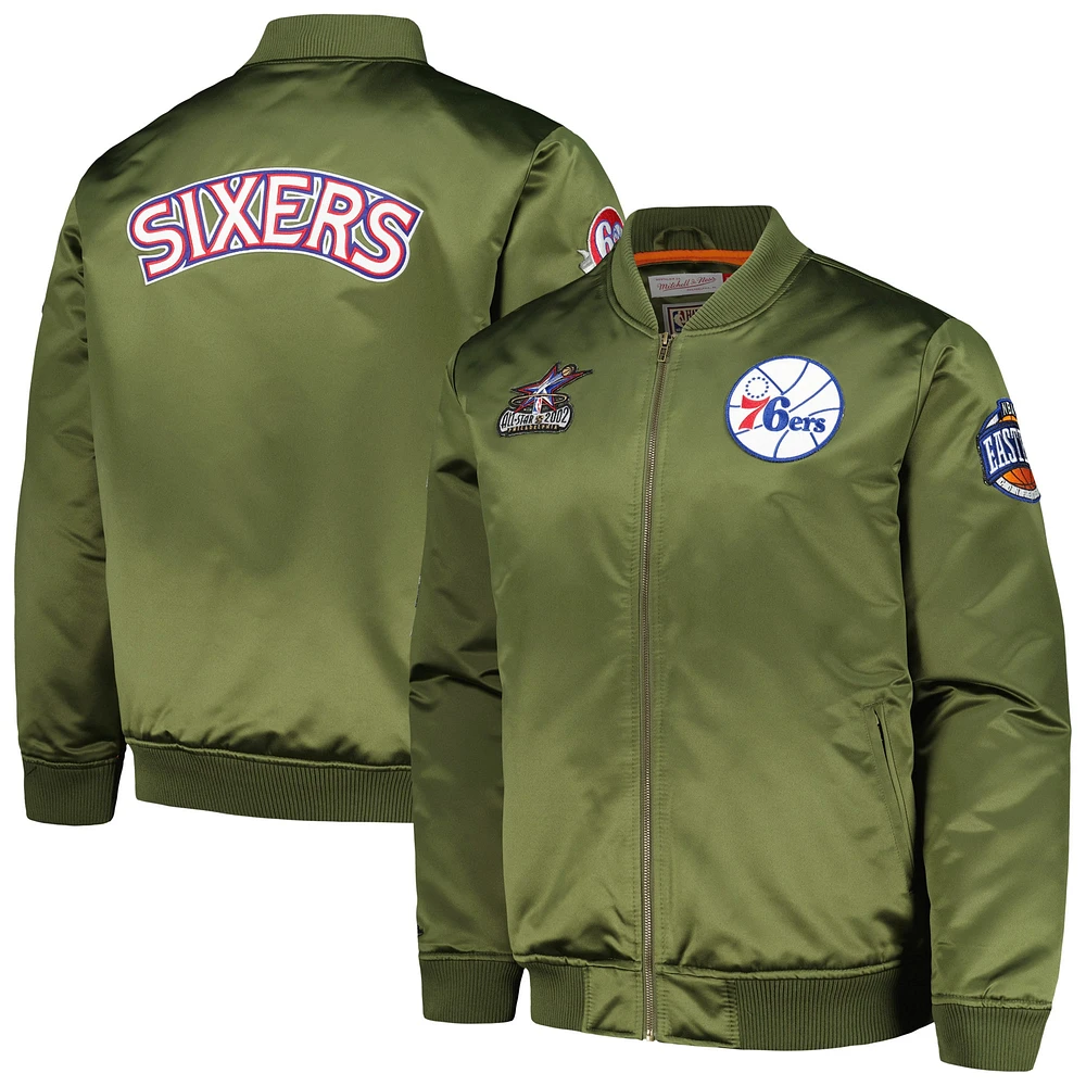 Veste rétro zippée en satin pour hommes Mitchell & Ness Olive Philadelphia 76ers Hardwood Classics