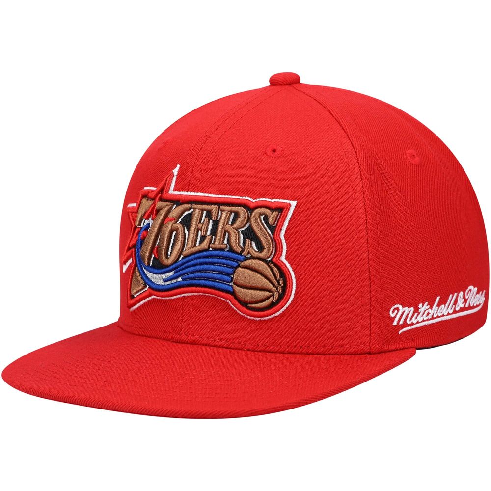 Men's Mitchell & Ness Red Philadelphia 76ers Hardwood Classics English Dropback - Snapback Hat