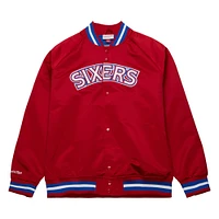 Men's Mitchell & Ness Red Philadelphia 76ers Hardwood Classics  Throwback Wordmark Raglan Full-Snap Jacket