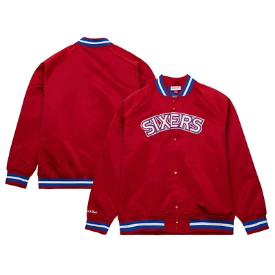 Men's Mitchell & Ness Red Philadelphia 76ers Hardwood Classics  Throwback Wordmark Raglan Full-Snap Jacket