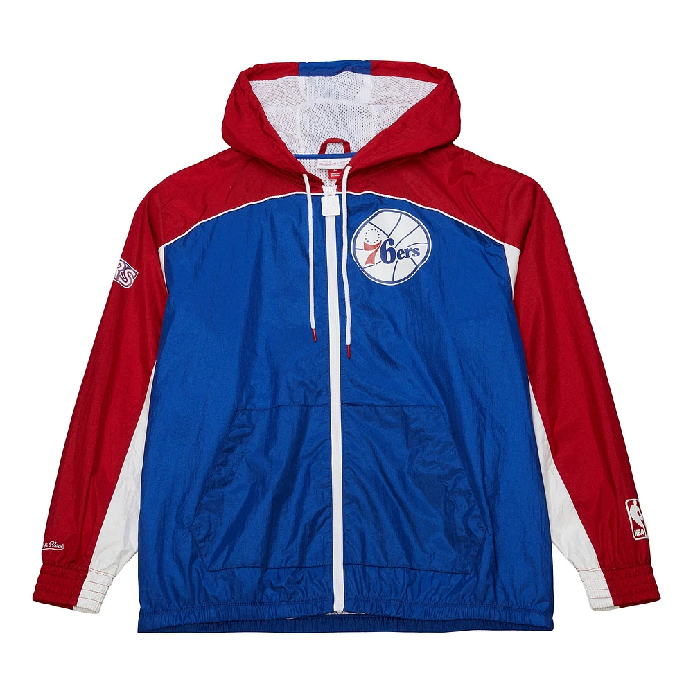 Men's Mitchell & Ness Royal/Red Philadelphia 76ers Hardwood Classics Big Shot Premium Full-Zip Windbreaker Jacket