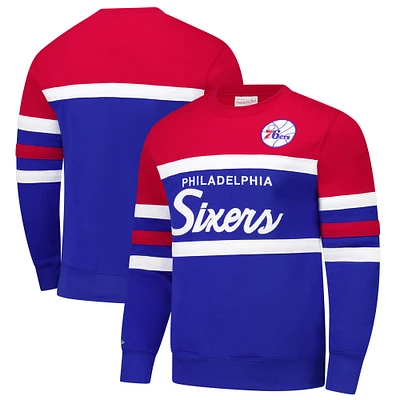 Men's Mitchell & Ness Royal/Red Philadelphia 76ers Hardwood Classics Vintage Logo Head Coach Pullover Sweatshirt