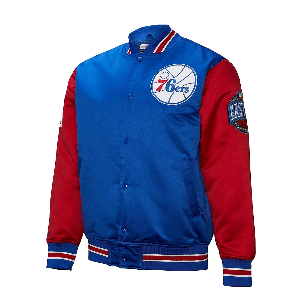 Veste en satin à boutons-pression intégrale Mitchell & Ness Royal Philadelphia 76ers Hardwood Classic Primetime pour homme