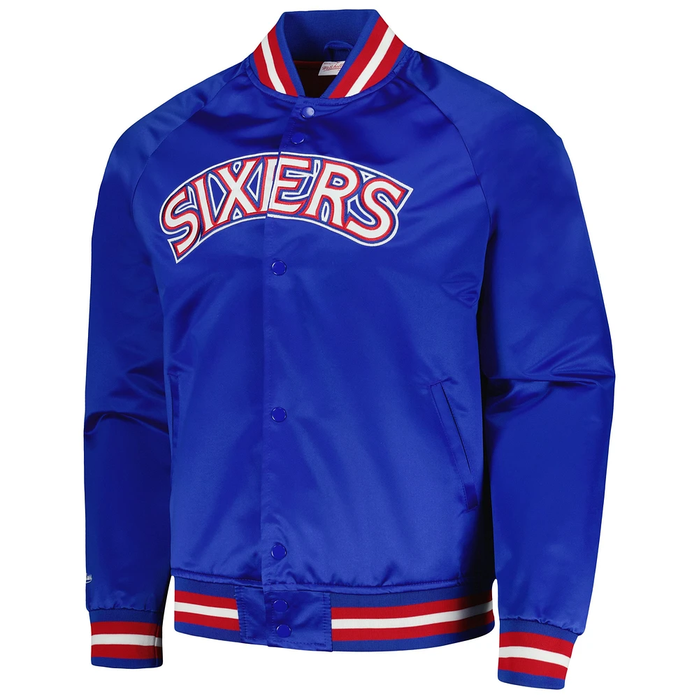 Men's Mitchell & Ness Royal Philadelphia 76ers Hardwood Classics  Throwback Wordmark Raglan Full-Snap Jacket