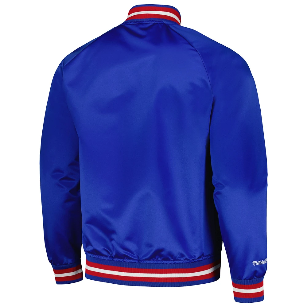 Men's Mitchell & Ness Royal Philadelphia 76ers Hardwood Classics  Throwback Wordmark Raglan Full-Snap Jacket