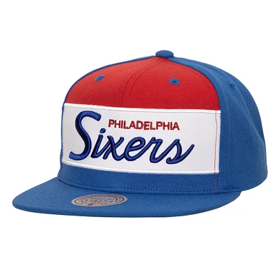 Men's Mitchell & Ness White/Royal Philadelphia 76ers Retro Sport Color Block Script Snapback Hat