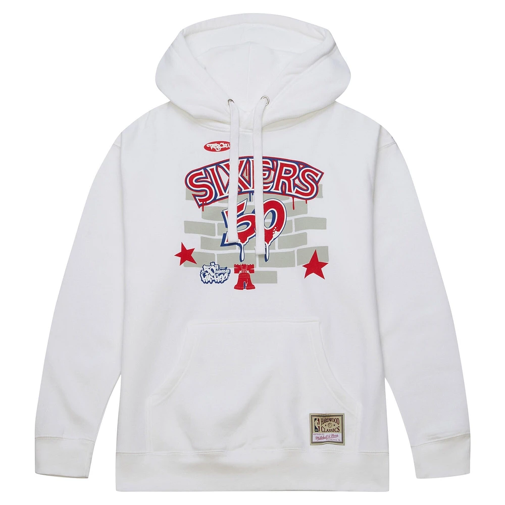 Men's Mitchell & Ness x Tats Cru White Philadelphia 76ers Hardwood Classics Brick Pullover Hoodie