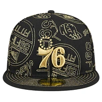 Men's New Era Black Philadelphia 76ers 59FIFTY Day Allover Print Stencil Fitted Hat