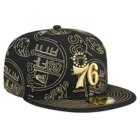 Men's New Era Black Philadelphia 76ers 59FIFTY Day Allover Print Stencil Fitted Hat