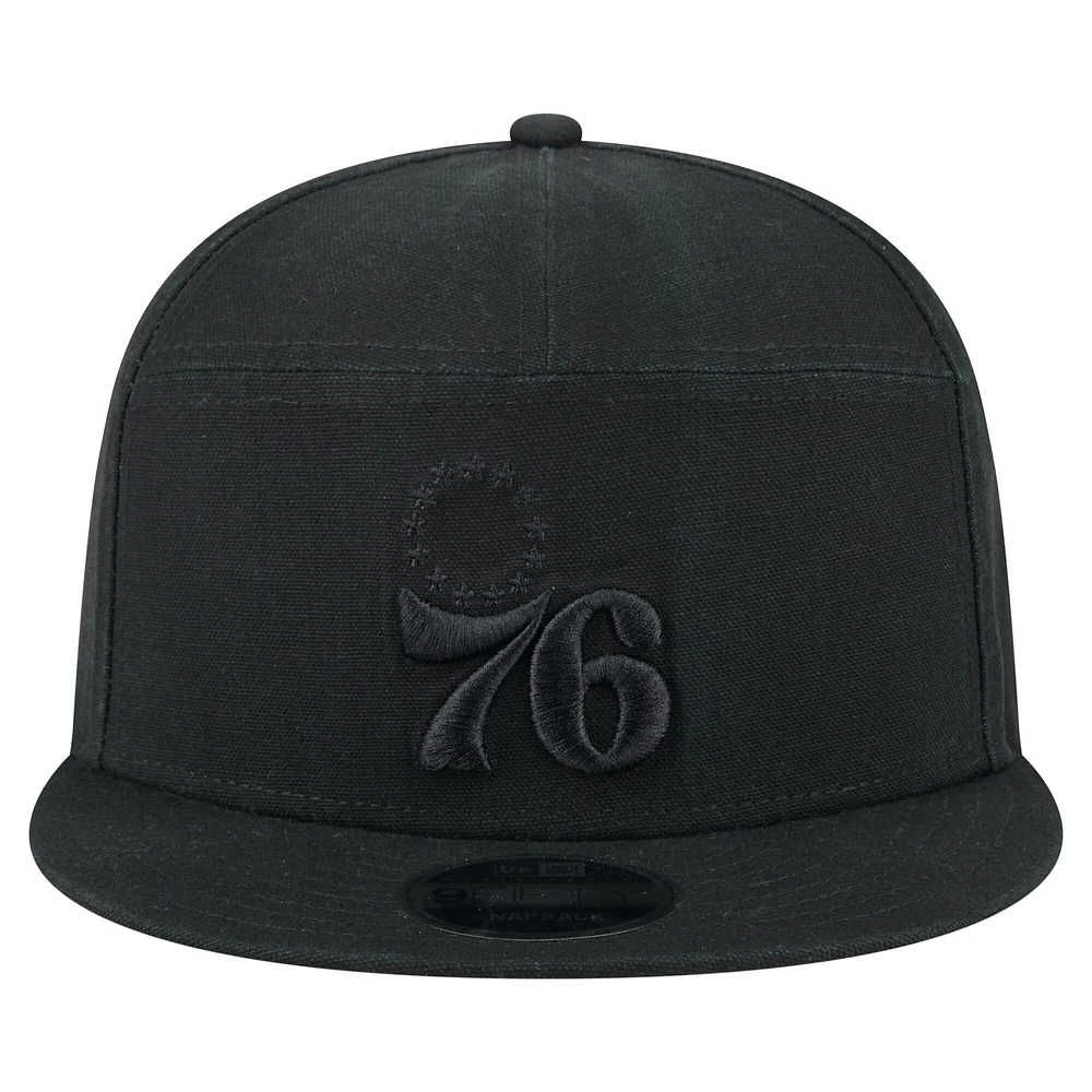 Men's New Era Black Philadelphia 76ers Adventure Canvas Split Panel 9FIFTY Snapback Hat