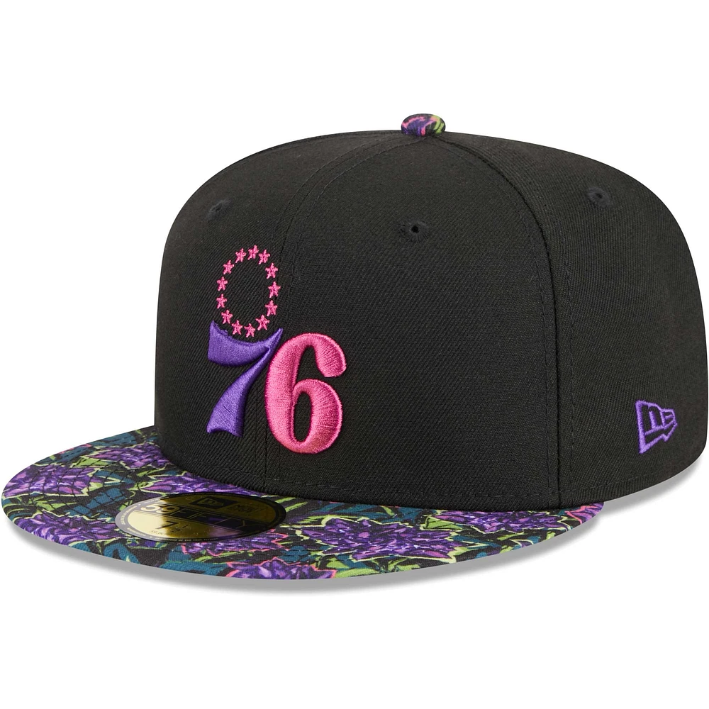 Men's New Era Black Philadelphia 76ers Dark Fantasy Neon Lotus Flower 59FIFTY Fitted Hat