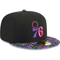 Men's New Era Black Philadelphia 76ers Dark Fantasy Neon Lotus Flower 59FIFTY Fitted Hat