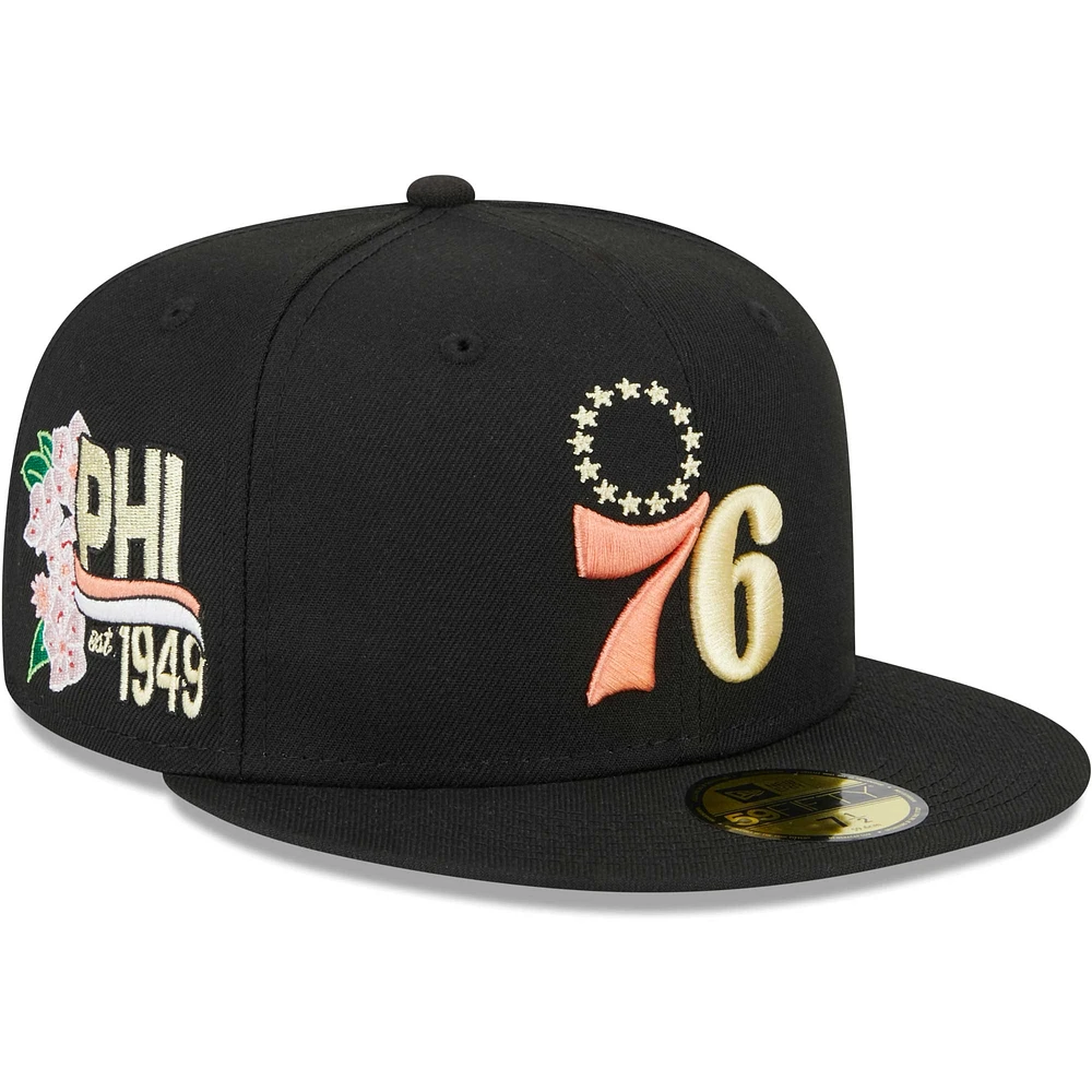 Men's New Era Black Philadelphia 76ers Floral Side 59FIFTY Fitted Hat