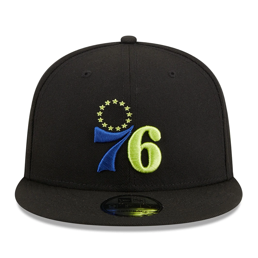 Men's New Era Black Philadelphia 76ers Neon Pop 9FIFTY Snapback Hat