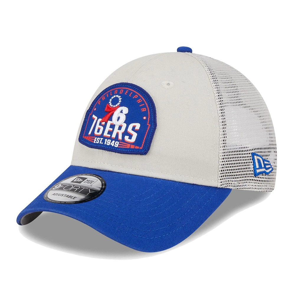 Men's New Era Khaki/Royal Philadelphia 76ers Throwback Patch Trucker 9FORTY Adjustable Hat