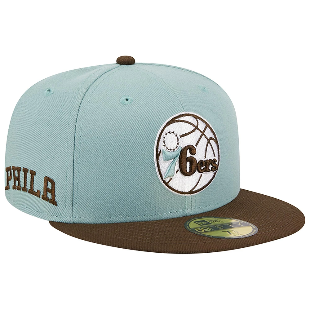 Casquette ajustée bicolore 59FIFTY des Philadelphia 76ers New Era pour homme, bleu clair/marron