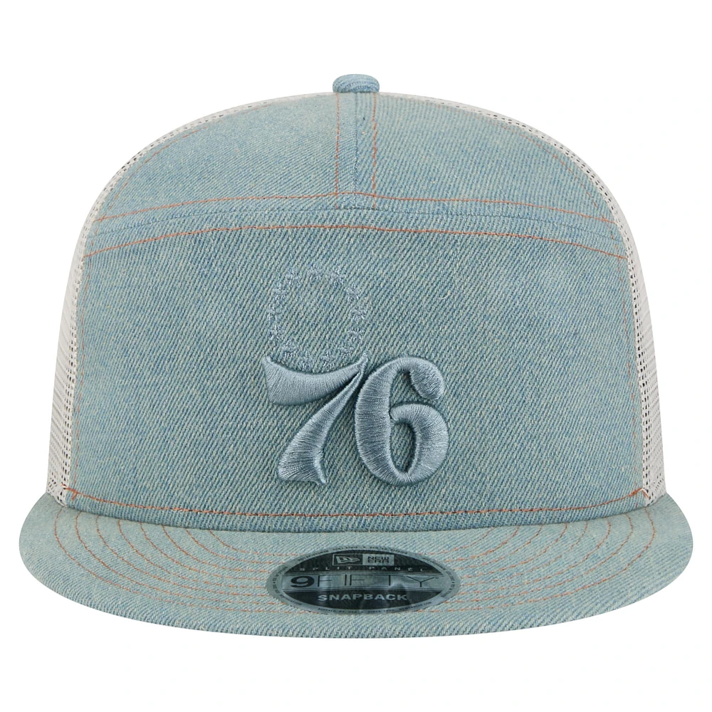 Men's New Era Philadelphia 76ers Adventure Denim Split Panel 9FIFTY Snapback Trucker Hat