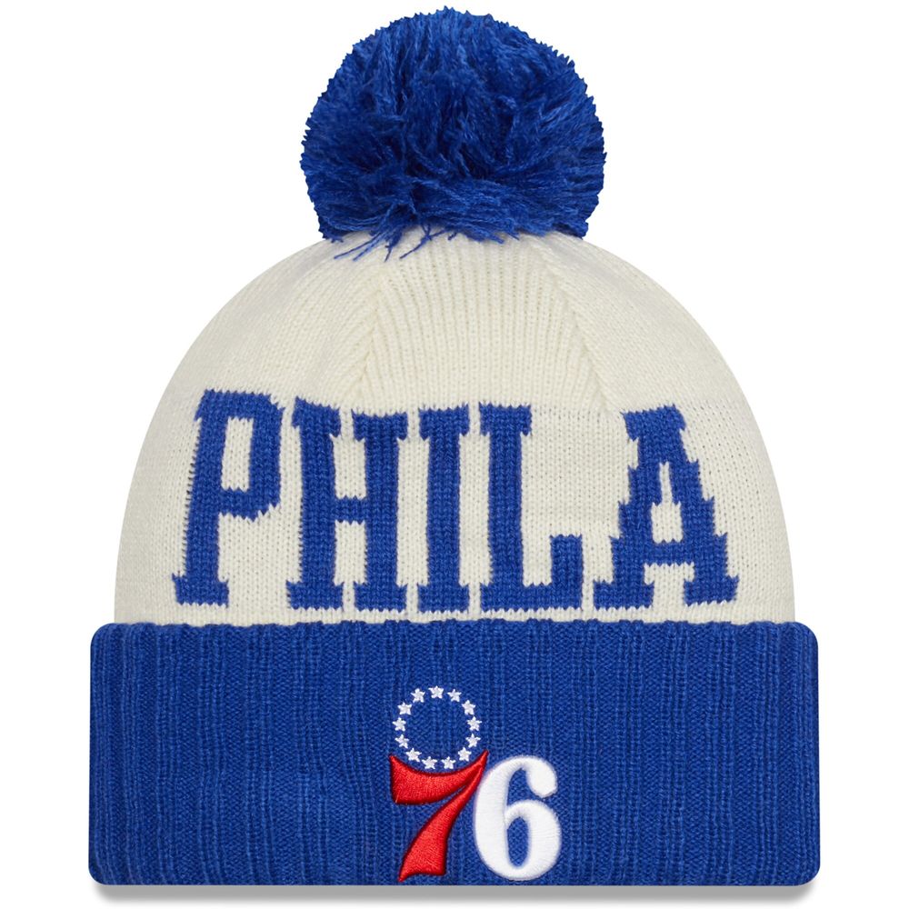 Men's New Era Royal/Cream Philadelphia 76ers 2022 NBA Draft - Cuffed Knit Hat with Pom