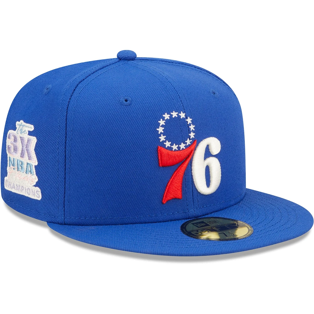 Men's New Era Royal Philadelphia 76ers 3x NBA Finals Champions Pop Sweat 59FIFTY Fitted Hat