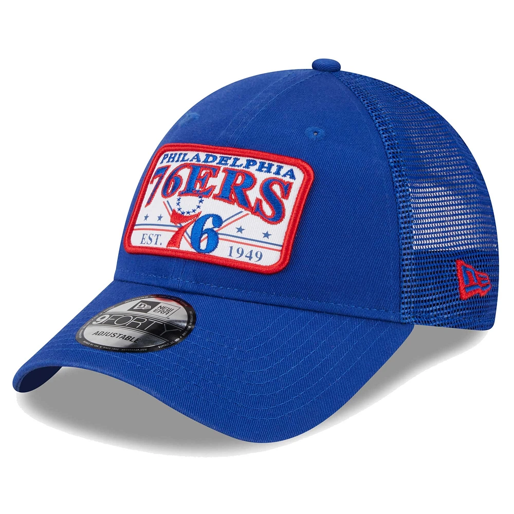 Men's New Era  Royal Philadelphia 76ers Plate Oversized Patch Trucker 9FORTY Adjustable Hat