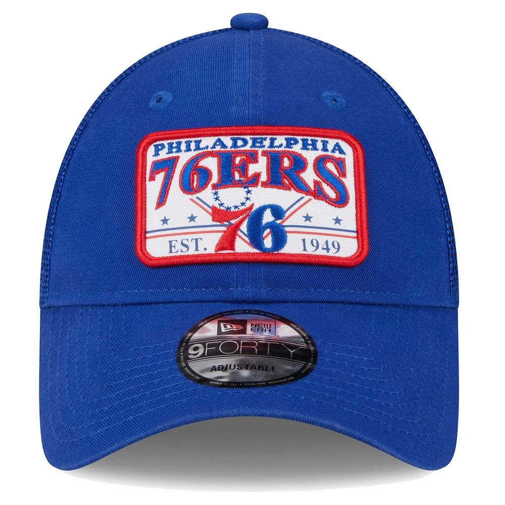 Men's New Era  Royal Philadelphia 76ers Plate Oversized Patch Trucker 9FORTY Adjustable Hat