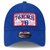 Men's New Era  Royal Philadelphia 76ers Plate Oversized Patch Trucker 9FORTY Adjustable Hat