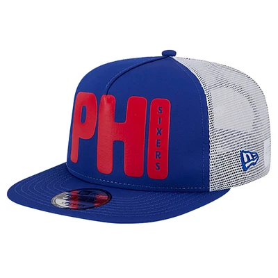 Men's New Era Royal Philadelphia 76ers Puff Print Team Code A-Frame 9FIFTY Trucker Snapback Hat