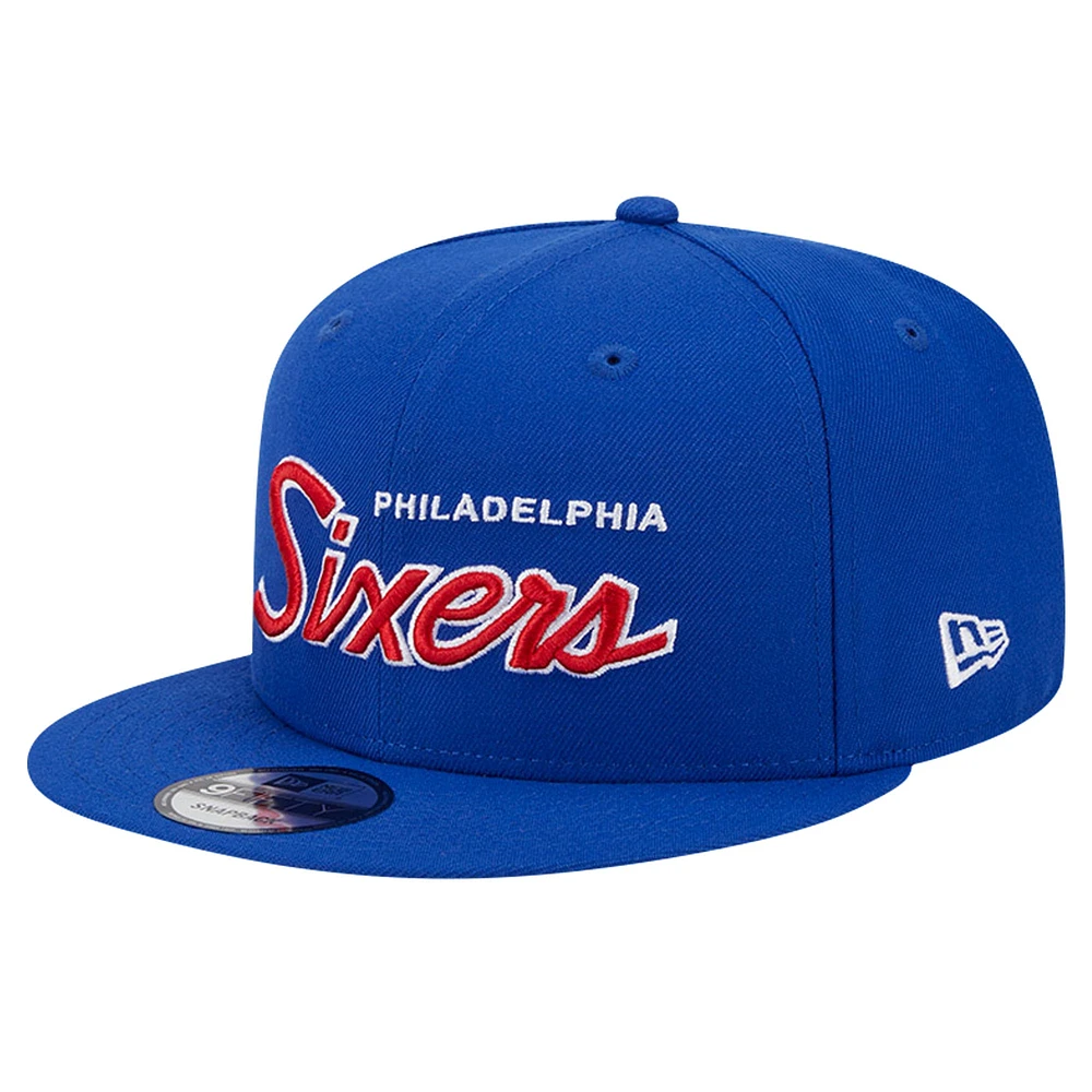 Men's New Era Royal Philadelphia 76ers Script Side Patch 9FIFTY Snapback Hat