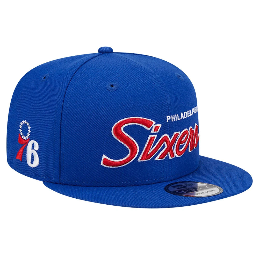 Men's New Era Royal Philadelphia 76ers Script Side Patch 9FIFTY Snapback Hat