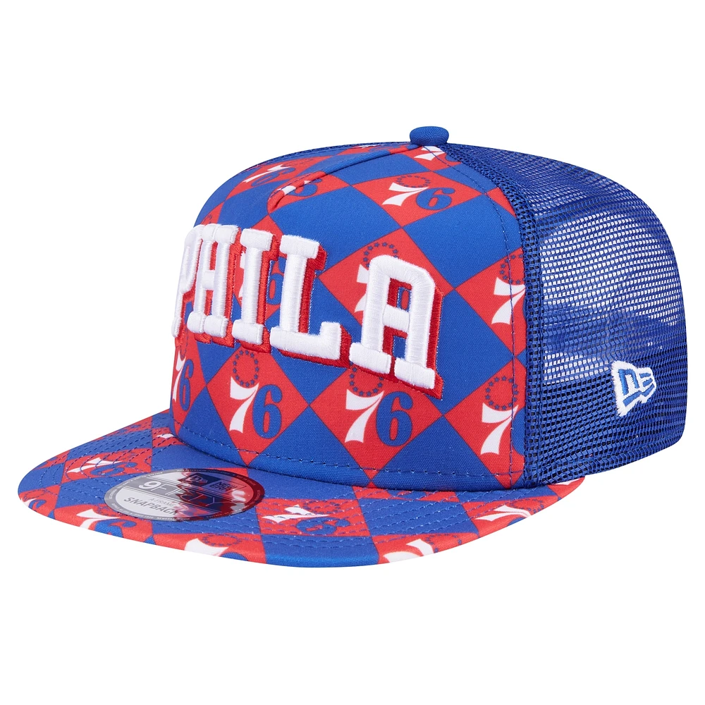 Men's New Era Royal Philadelphia 76ers Seeing Diamonds A-Frame Trucker 9FIFTY Snapback Hat