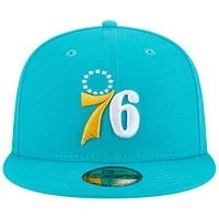 Men's New Era Turquoise Philadelphia 76ers 3-Time Champions Breeze Grilled Yellow Undervisor 59FIFTY Fitted Hat