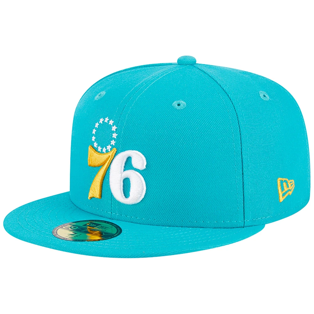 Men's New Era Turquoise Philadelphia 76ers 3-Time Champions Breeze Grilled Yellow Undervisor 59FIFTY Fitted Hat