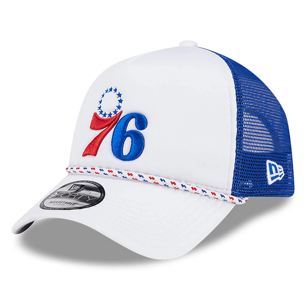 Men's New Era White/Royal Philadelphia 76ers Court Sport Foam A-Frame 9FORTY Adjustable Trucker Hat