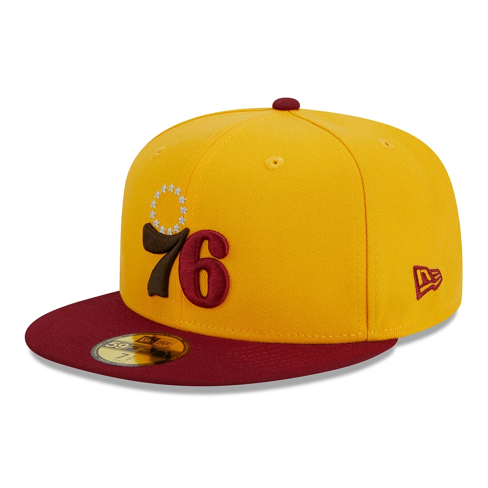 Casquette ajustée 59FIFTY bicolore New Era des Philadelphia 76ers Fall Leaves pour hommes, jaune/rouge