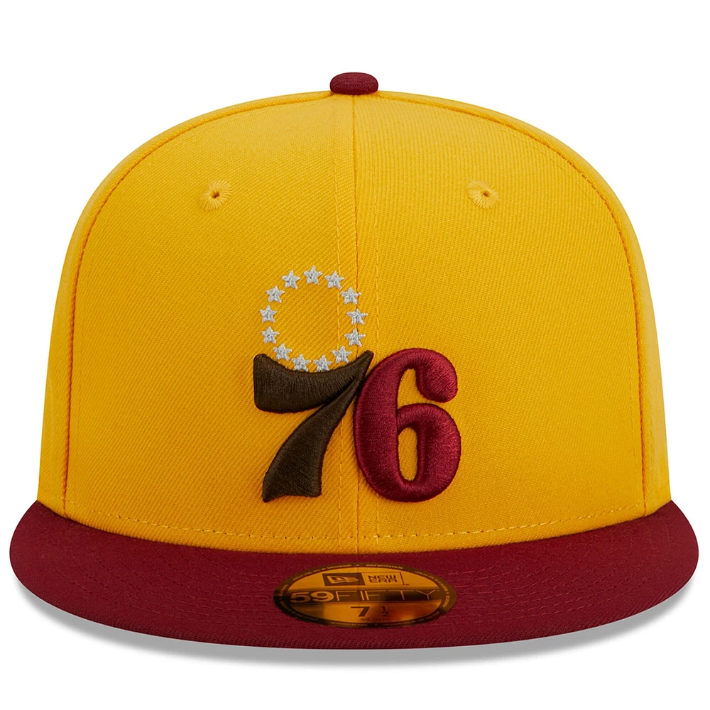 Casquette ajustée 59FIFTY bicolore New Era des Philadelphia 76ers Fall Leaves pour hommes, jaune/rouge