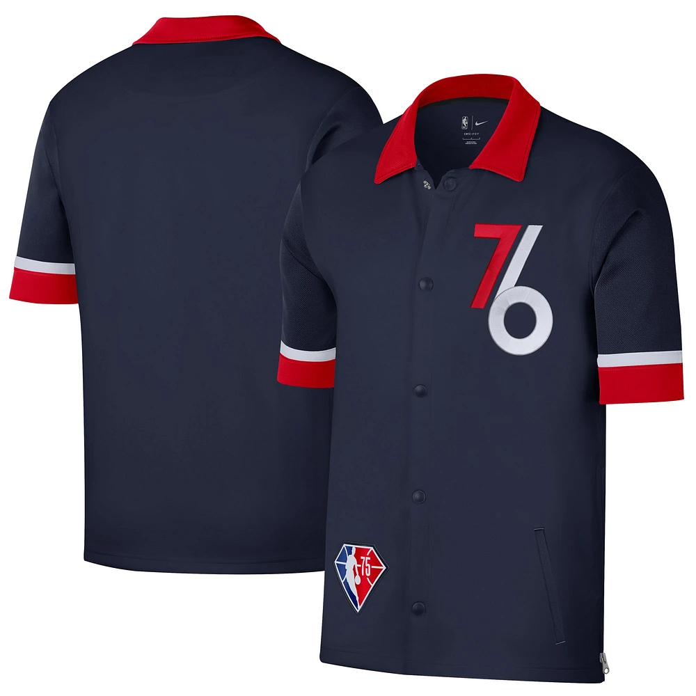 Men's Nike Navy/Red Philadelphia 76ers 2021/22 City Edition Therma Flex Showtime Short Sleeve Full-Snap Collar Jacket