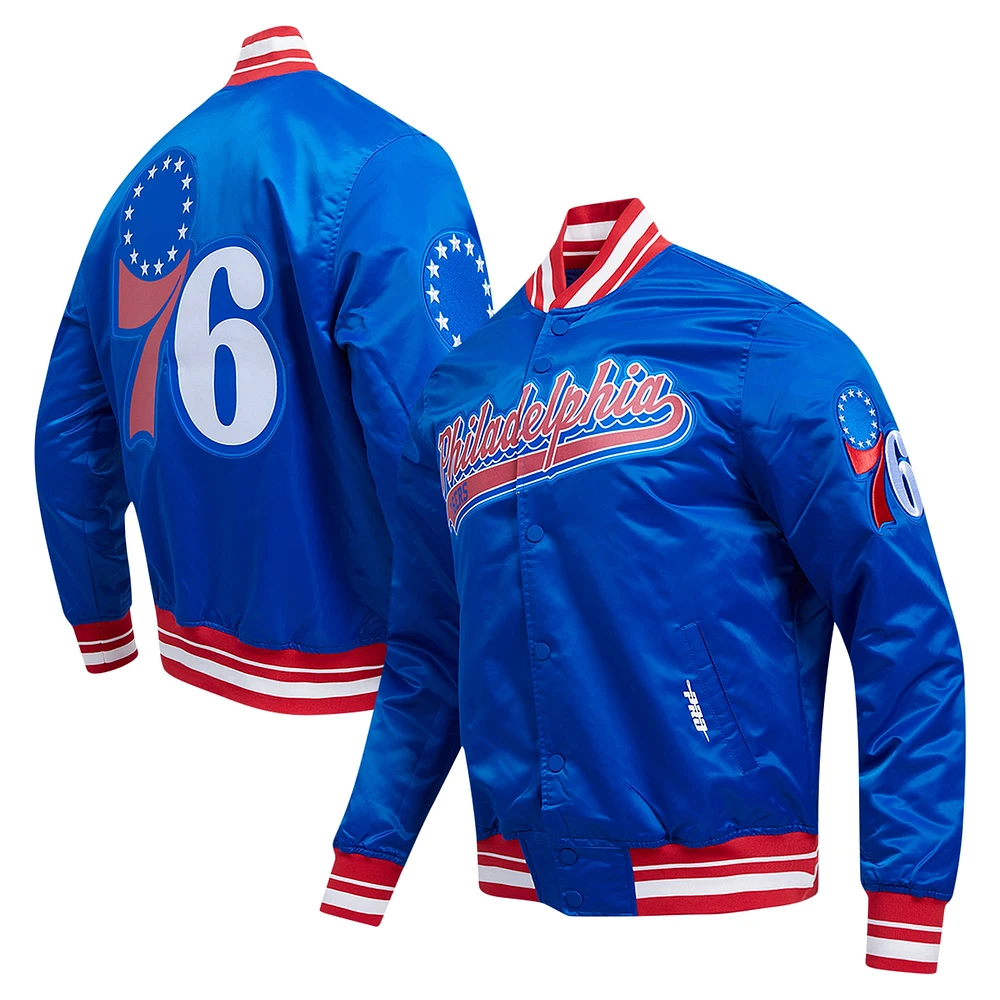 Men's Pro Standard Royal Philadelphia 76ers Script Tail Full-Snap Satin Varsity Jacket