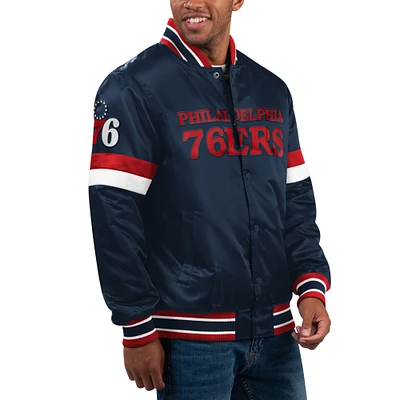 Men's Starter Navy Philadelphia 76ers Home Game Satin Full-Snap Varsity Jacket