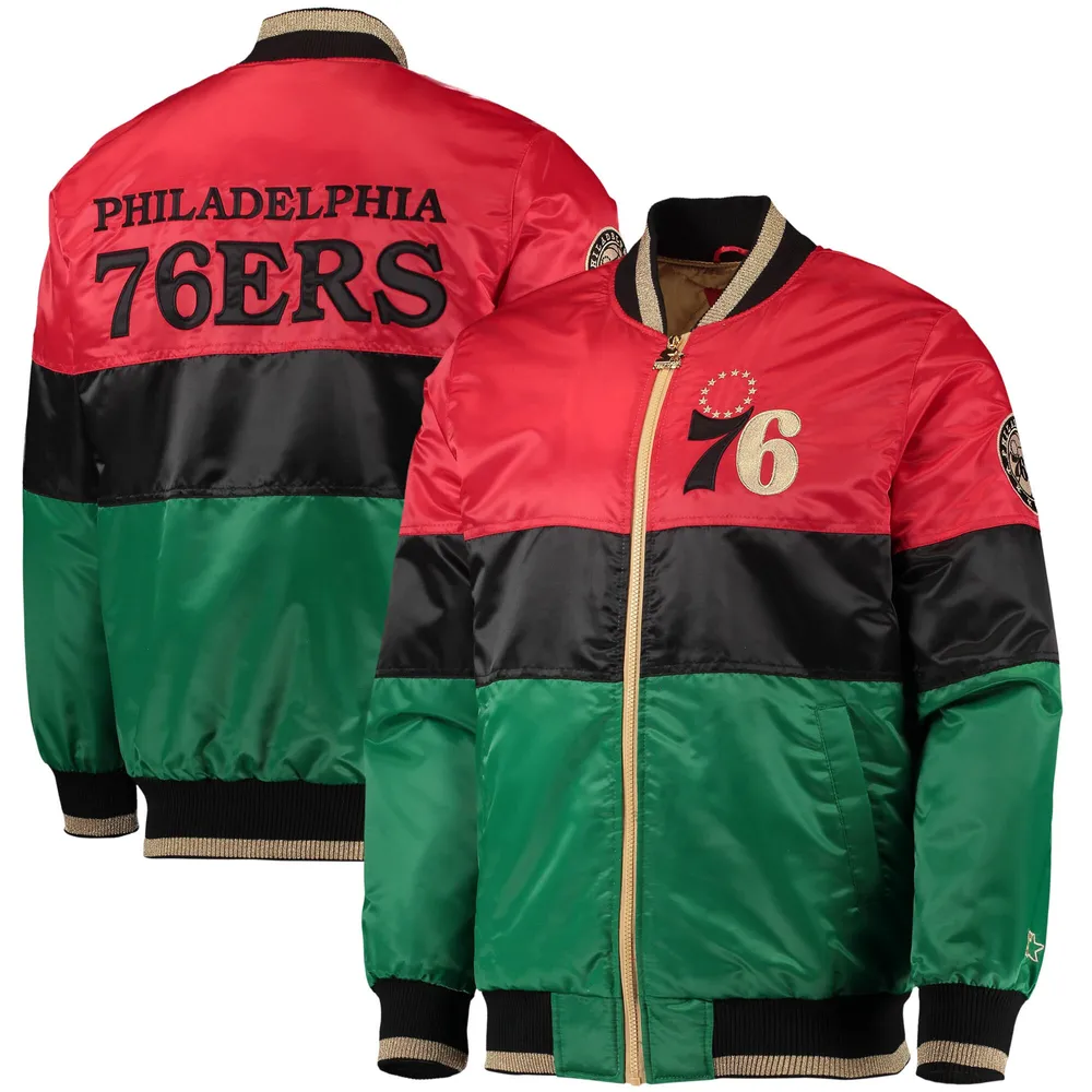 Men's Starter Royal/Red Philadelphia 76ers Reliever Varsity Satin Raglan Full-Snap Jacket Size: Large