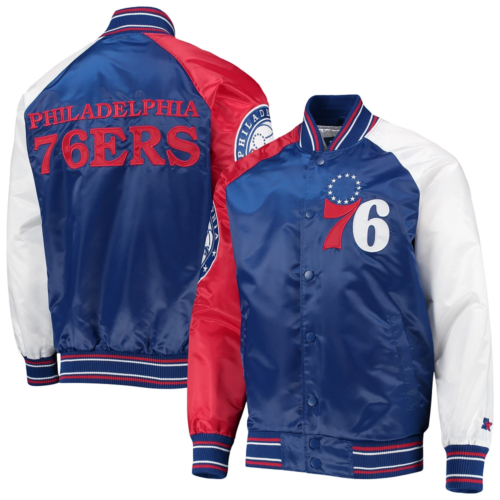 Veste à boutons-pression intégrale en satin raglan pour hommes Starter Royal/Rouge Philadelphia 76ers Reliever Varsity