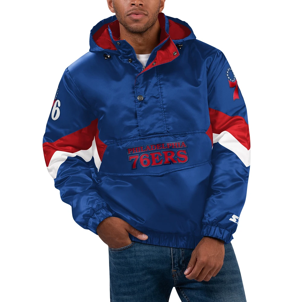 Men's Starter  Royal Philadelphia 76ers Force Play Satin Hoodie Half-Zip Jacket