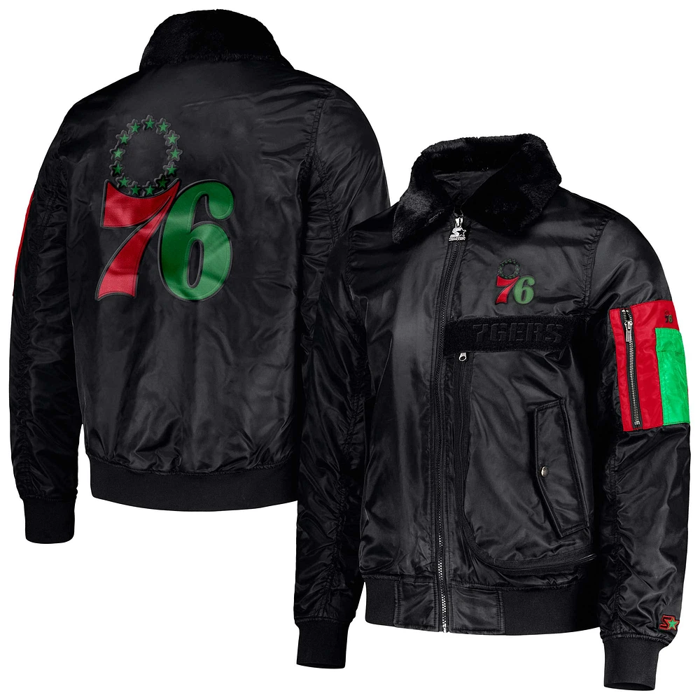 Veste pour homme Starter x Ty Mopkins Black Philadelphia 76ers History Month Satin Full-Zip Jacket