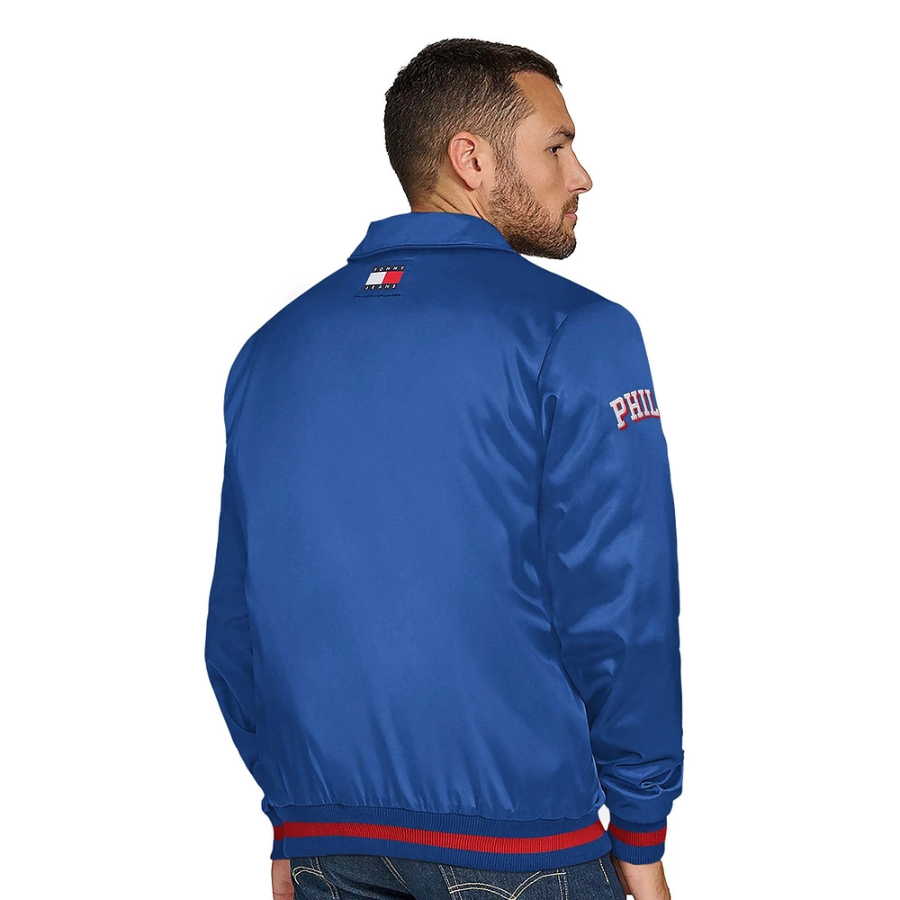 Veste universitaire à boutons-pression et appliqués Jacob Chain Stitch pour homme Tommy Jeans Royal Philadelphia 76ers