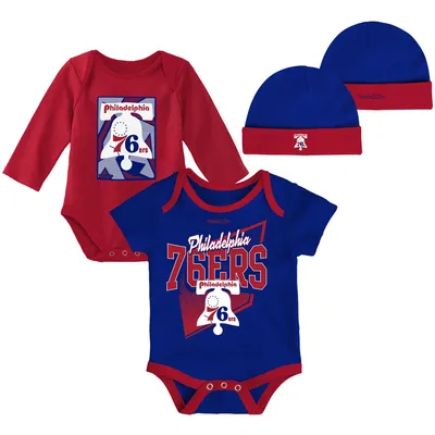 Philadelphia 76ers Mitchell & Ness Newborn Infant 3-Piece Hardwood Classics Bodysuits Cuffed Knit Hat Set - Blue/Red