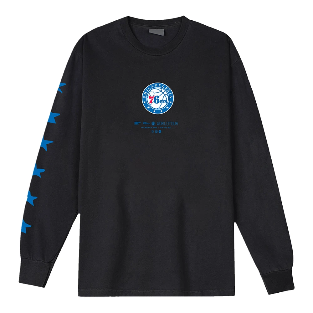 V116880 76ERS BLACK UNISEX BLEACHER REPORT X MITCHELL & NESS WORLD TOUR LS TEE TEEMENL-S