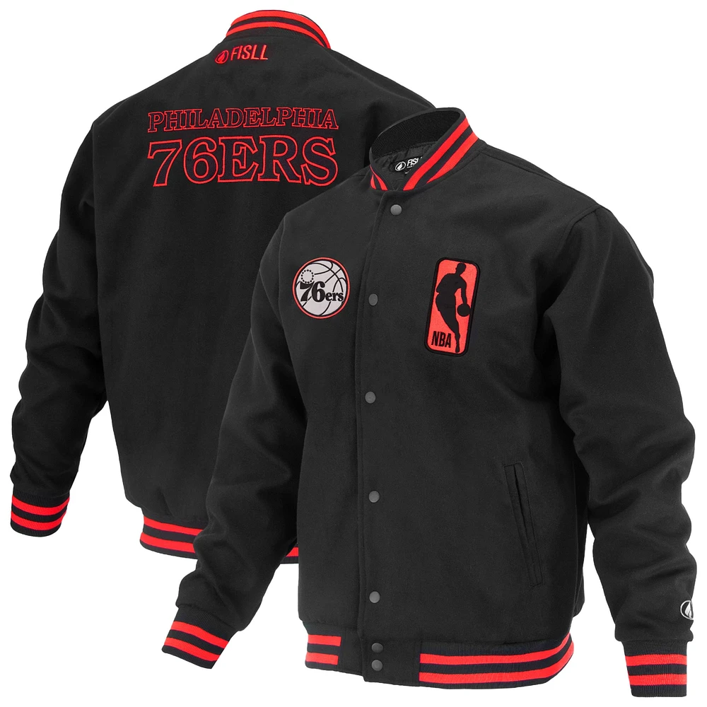 Unisex FISLL Black Philadelphia 76ers Logoman Shadow Collection Full-Snap Varsity Jacket