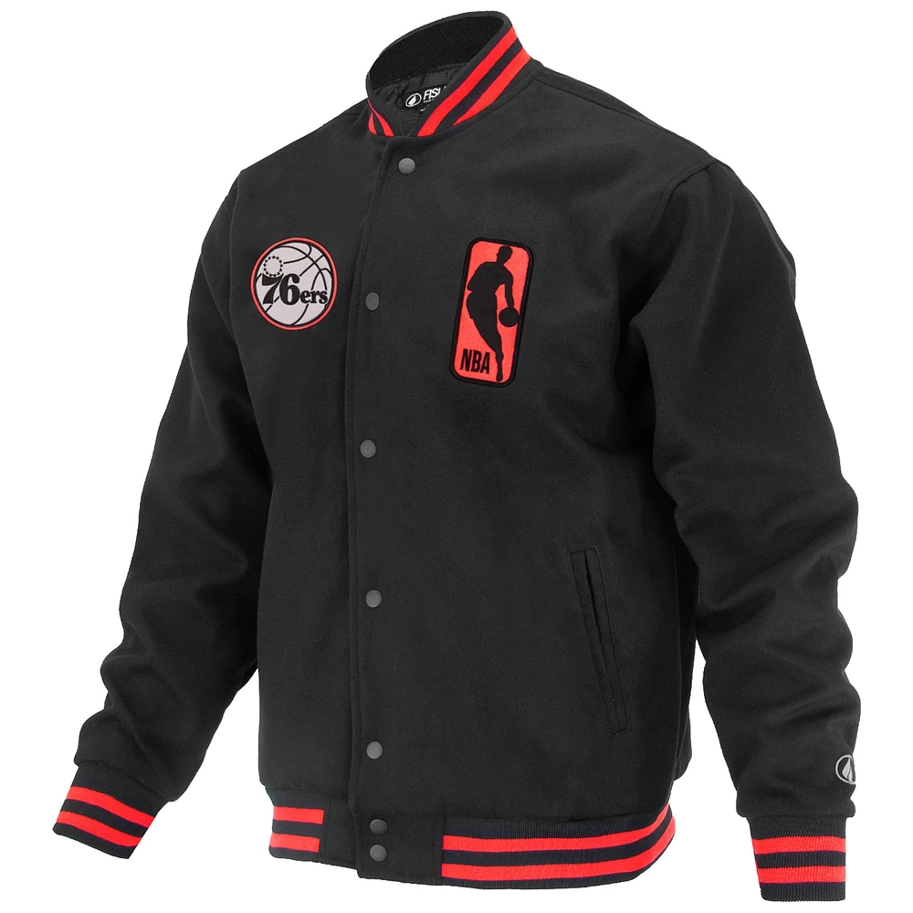 Unisex FISLL Black Philadelphia 76ers Logoman Shadow Collection Full-Snap Varsity Jacket