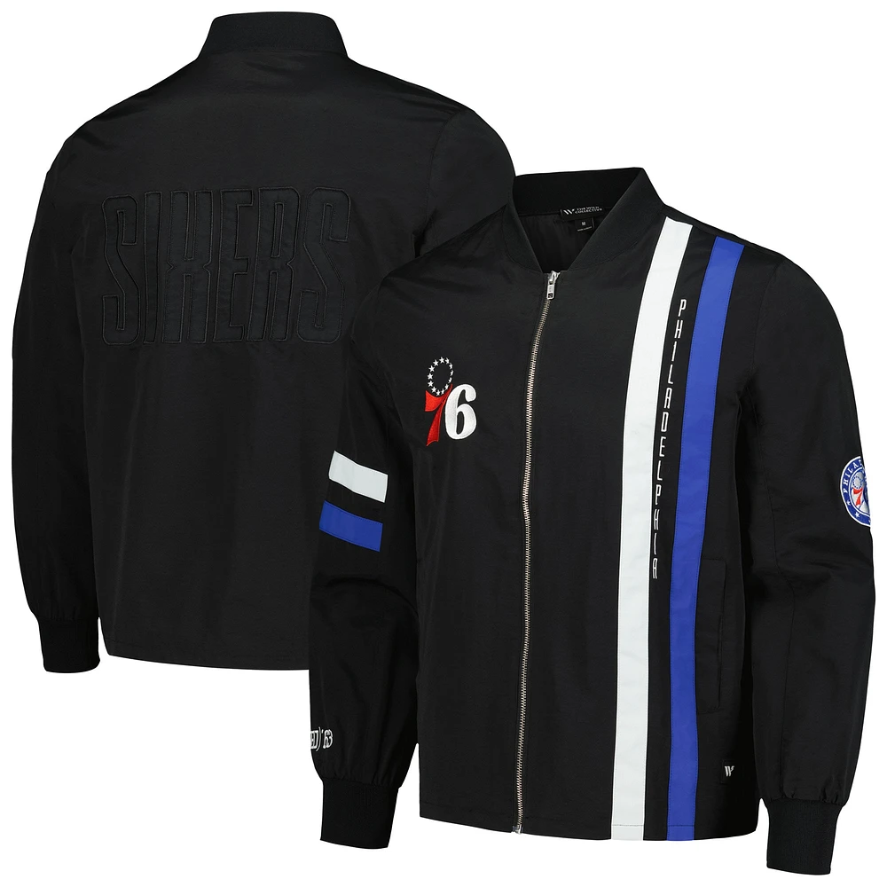 Blouson aviateur unisexe The Wild Collective noir Philadelphia 76ers Stitch Applique entièrement zippé